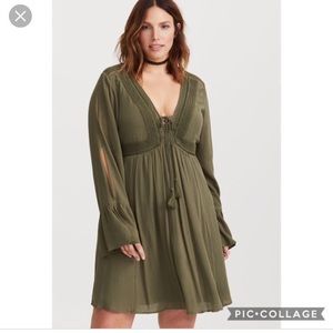 Olive Green Gauze lace-up Dress